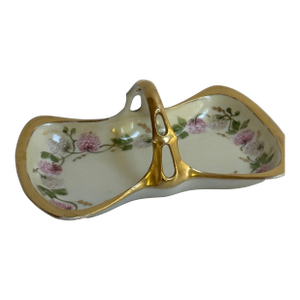 Antique 1880s Limoges France Cottage Bon Bon Basket With Handle, Hand-Painted Floral Design With Heavy Gold Trim