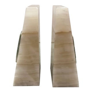 Mid 20th Century Marbled White Onyx & Carved Jade Green Bookends - a Pair For Sale
