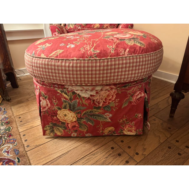 Elegant upholstered chaise and matching headboard set, finished in high-quality Brunschwig & Fils fabric and designed to...