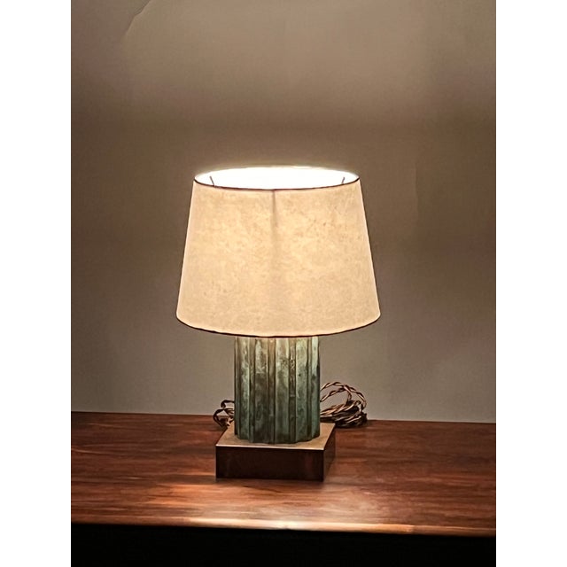 1960s Small Verdigris Bronze and Brass Neoclassical Column Lamp For Sale - Image 4 of 5