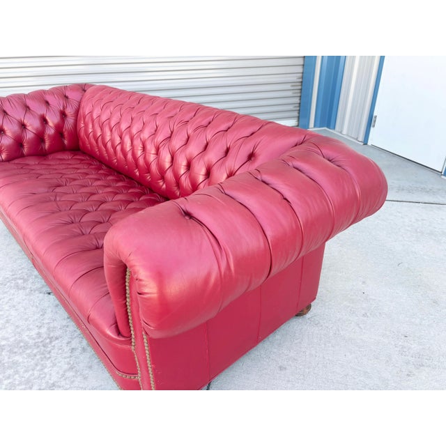 Wood 1980s Vintage Classic Chesterfield Tufted Red Leather Sofa For Sale - Image 7 of 11