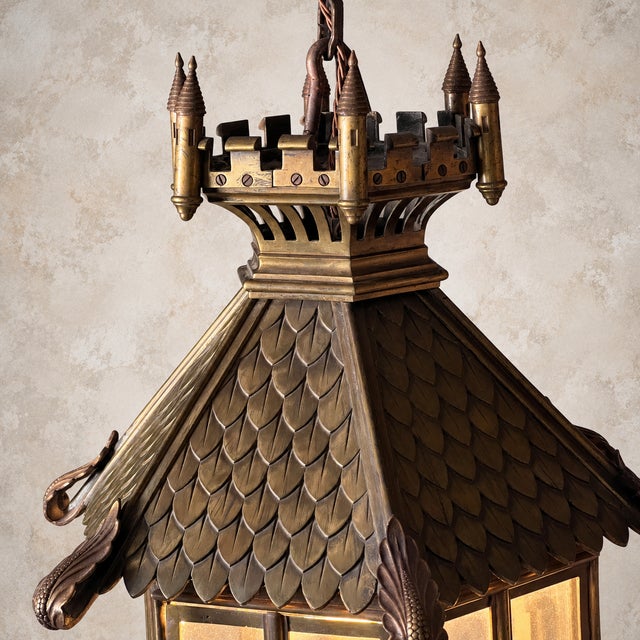 Gold Gothic Revival Bronze Hanging Lantern with Castellated Crown, 1930s For Sale - Image 8 of 12