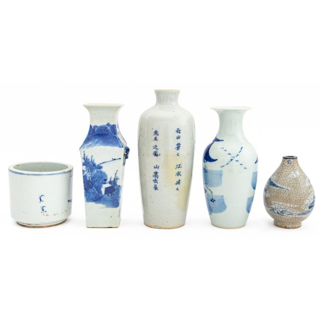 Collection of Five Chinese Blue and White Porcelain Vessels, comprising: crackle glazed bud vase with landscape scene and...