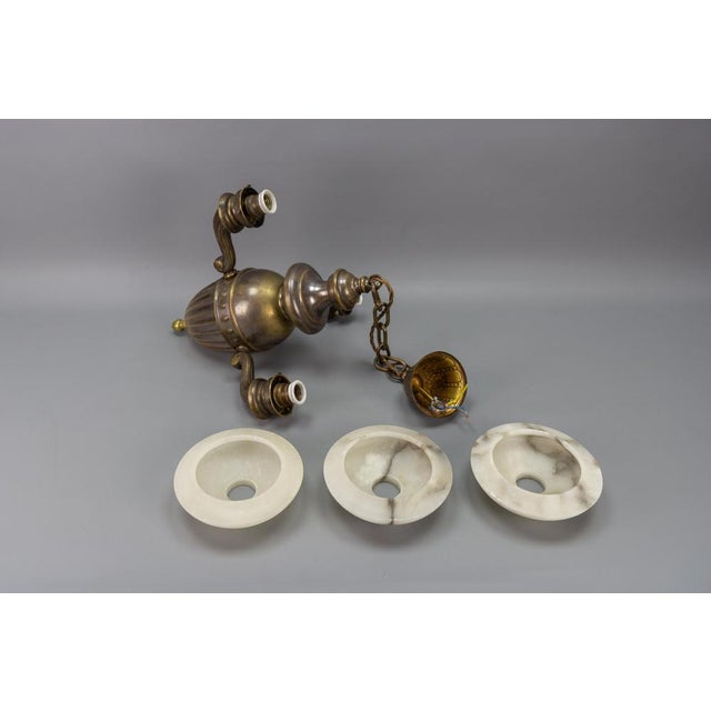 Art Deco Alabaster and Brass 3-Light Chandelier, 1930s For Sale - Image 17 of 18