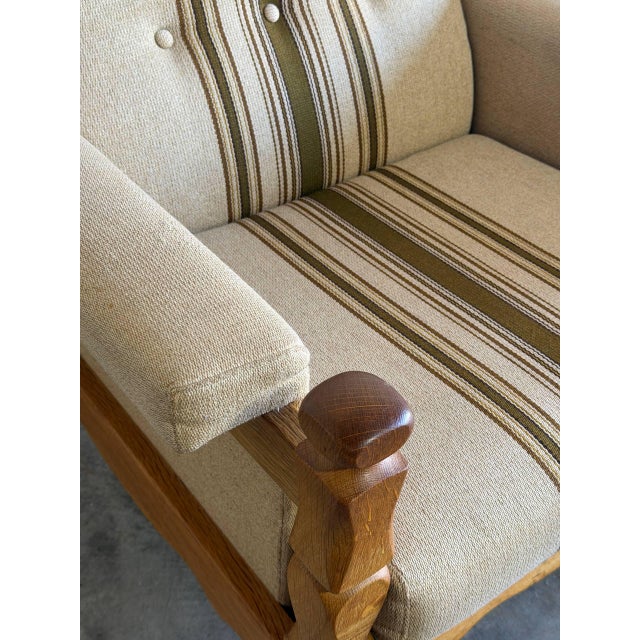 In Style of Henning Kjærnulf Oak Lounge Chair With Striped Upholstery Danish Mid-Century Modern 1970s For Sale In Los Angeles - Image 6 of 9
