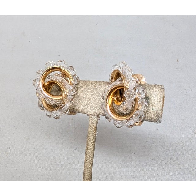 1960s Vintage 1962 Signed Napier Goldtone Clear Beaded Figure-8 Clip Earrings- 2 Pieces For Sale - Image 5 of 8