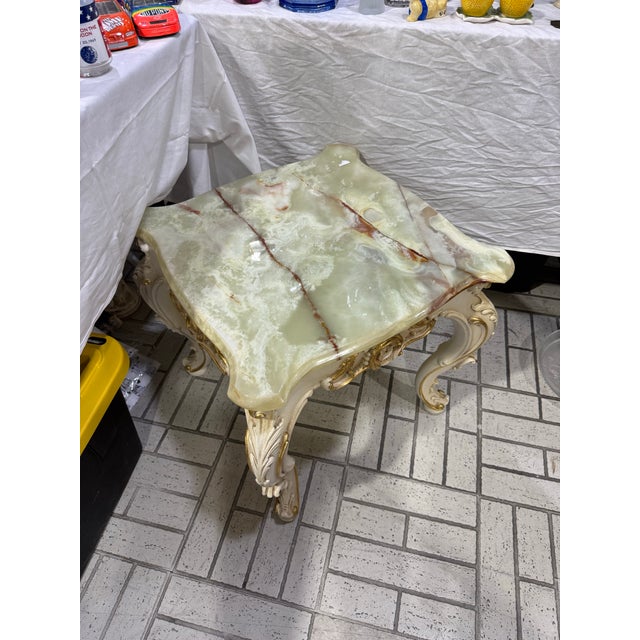 Small French Louis XV Style Golden Wood alabaster Top Square Side Table Excellent condition no damages to the alabaster no...