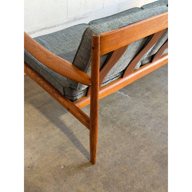 In Style of France and Son Cado Sofa Model 56 Couch Grete Jalk Teak Wood Grey Upholstered Denmark Mid-Century Modern 1960s For Sale - Image 9 of 13