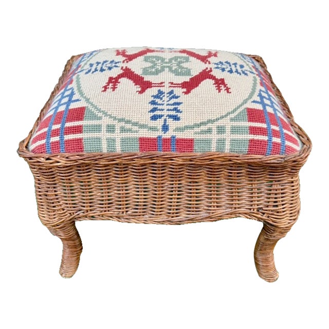 Vintage Wicker Footstool With Needlepoint Top For Sale