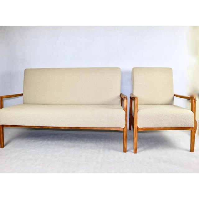 Set of Vintage 2-3 person sofa and armchair in beige boucle from the 1970s , completely restored - new upholstery in...
