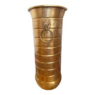 Vintage Hammered Brass Lion Head Umbrella Stand For Sale