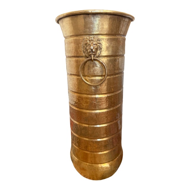 Vintage Hammered Brass Lion Head Umbrella Stand For Sale