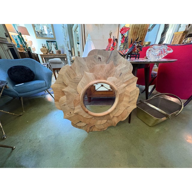 Postmodern Vintage Carved Wood Lotus Blossom Beveled Mirror For Sale - Image 3 of 11