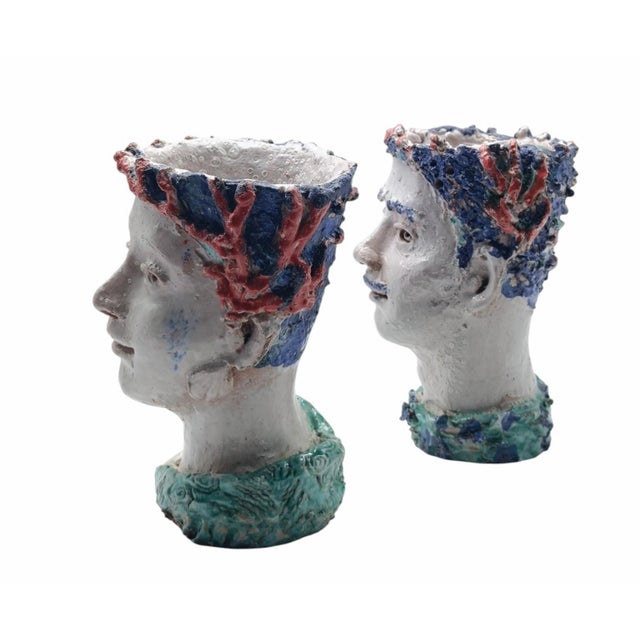 Mid-Century Modern Handcrafted Ceramic Planters in the shape of Heads, Italy, 1950s, Set of 2 For Sale - Image 3 of 15