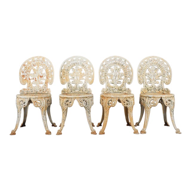 Early 20th Century Set of 4 Victorian White Cast Iron Garden Chairs For Sale