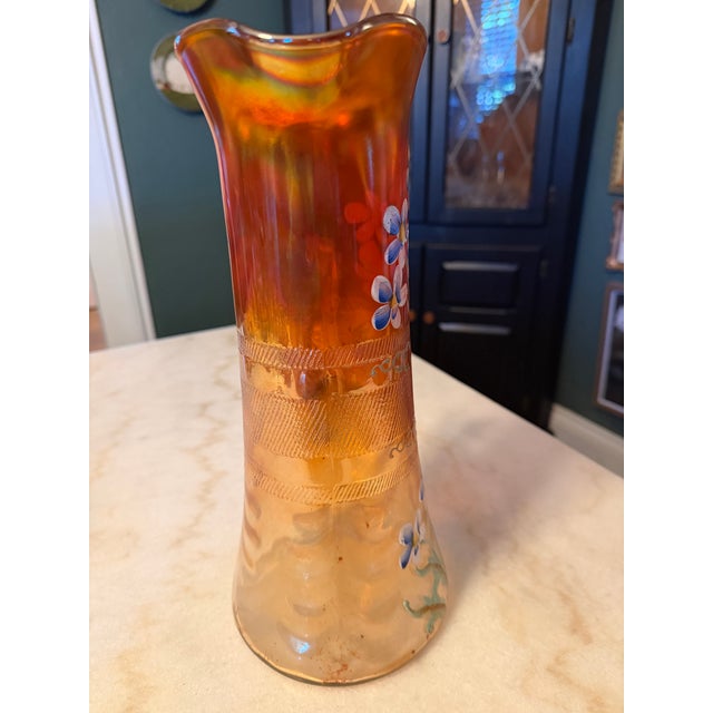 Antique Fenton Carnival Glass Pitcher "Forget-Me-Not" Iridescent Glass Ca. 1912 For Sale - Image 6 of 12