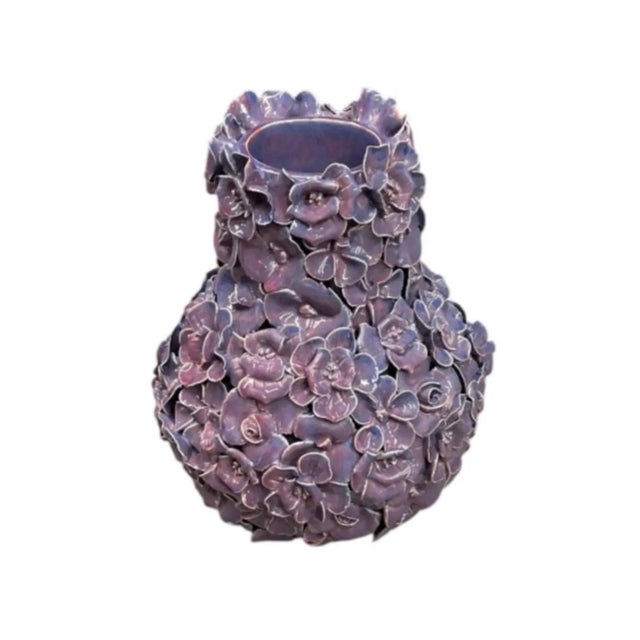 Vintage Italian Hand-Sculpted Floral Ceramic Vase - Purple Glazed Encrusted Blossom Urn For Sale In West Palm - Image 6 of 12
