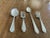 Terrific baby gift. Four piece set of Lunt Sterling Silver: infant spoon(5.5”l) porridge spoon (4”) and two forks (4” &...