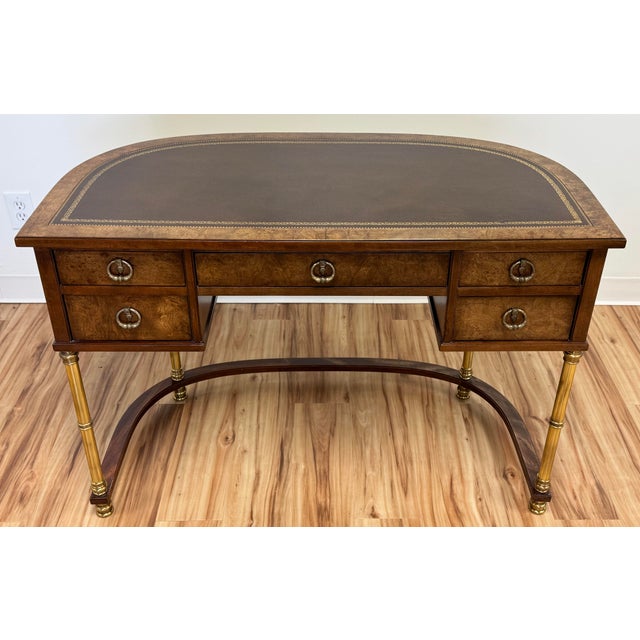 Mid-Century Modern Vintage Sligh-Lowry Burl Wood Leather Top Demilune Desk W/ Brass Legs For Sale - Image 3 of 12