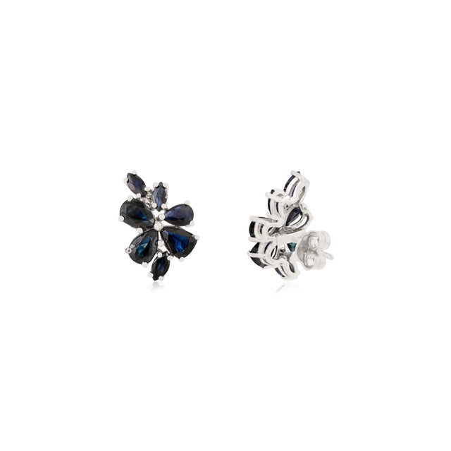 Art Deco Modernist Solid Silver Blue Sapphire Floral Cluster Stud Earrings- A Pair For Sale - Image 3 of 11