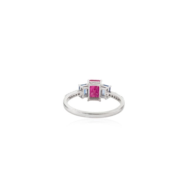 Metal Art Deco Inspired Emerald Cut Ruby Sapphire & Diamond Ring Size 5.5 in 18k Gold For Sale - Image 7 of 15