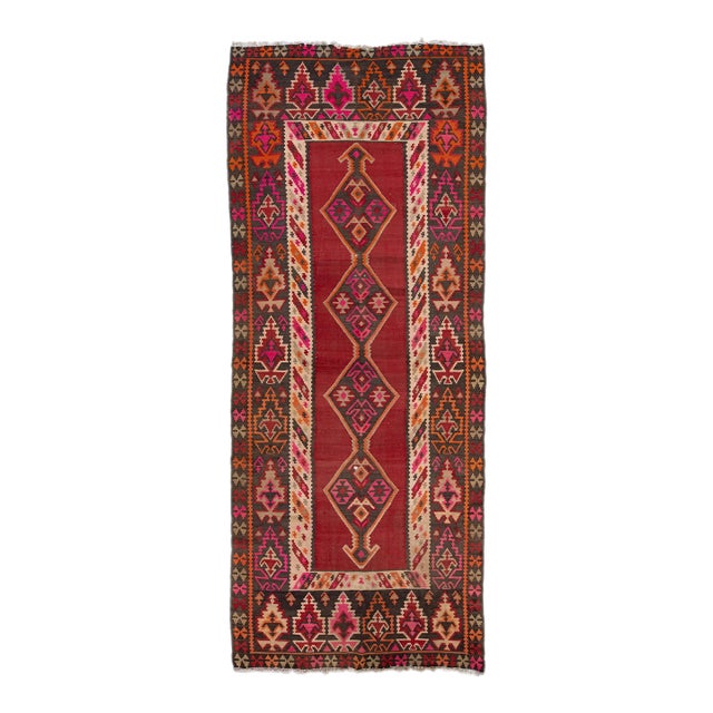 1960s Vintage Turkish Kilim Red Handmade Tribal Wool Runner For Sale