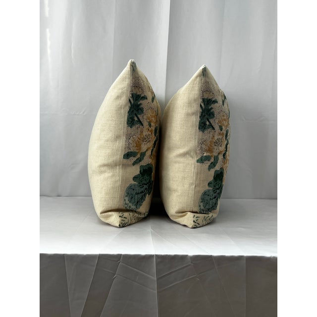 Mid-Century Modern Althea Citron Attributed to Lee Jofa Floral Linen 18” Down Pillows - A Pair For Sale - Image 3 of 6