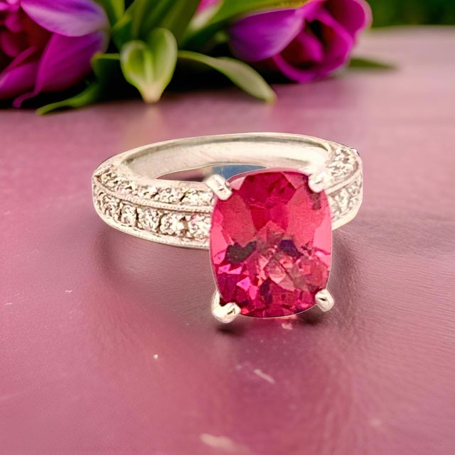 Diamond Tourmaline Rubellite Ring 3 Platinum 3.72 TCW Certified For Sale - Image 12 of 17
