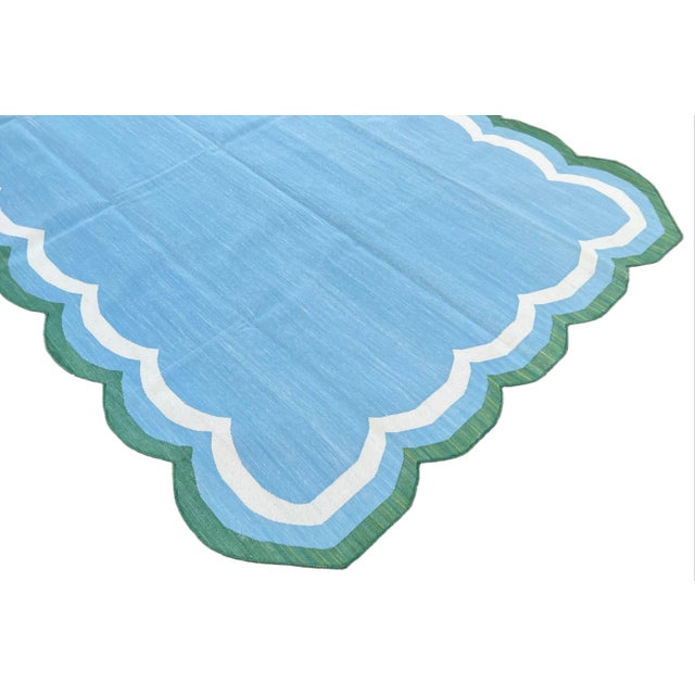 Handmade Cotton Area Scalloped Rug Sky Blue, Cream and Forest Green Border Dhurrie - 5'x8' For Sale - Image 6 of 11