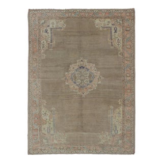 Vintage Turkish Oushak Rug With Taupe, Coral, Blue and Soft Green Tones For Sale