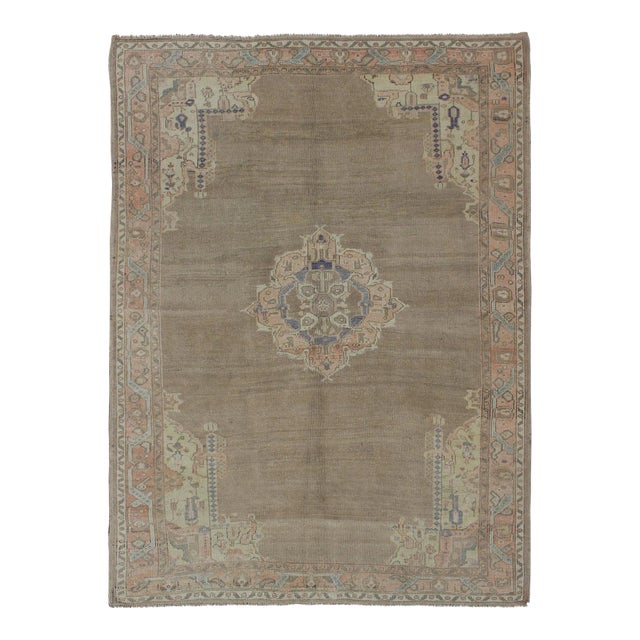 Vintage Turkish Oushak Rug With Taupe, Coral, Blue and Soft Green Tones For Sale
