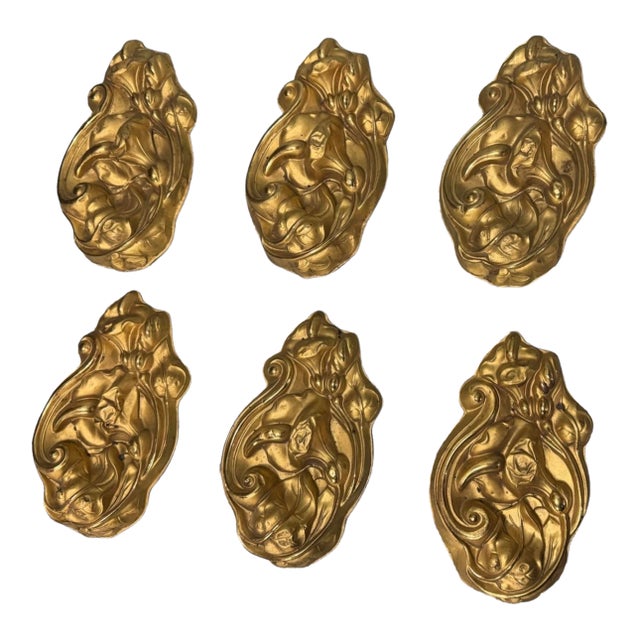 Ornate Antique Victorian Pressed Brass Floral Decorated Curtain Tiebacks- Set of 6 For Sale