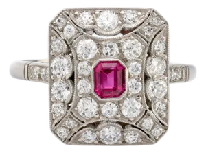 Mid 20th Century Art Deco Inspired Ruby Diamond Platinum Square Ring