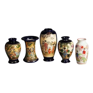 Circa 1920s Antique Japanese Satsuma Hand-Painted Porcelain Vases- Set of 5