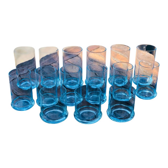 Hollywood Regency Blue Glasses Set- 15 Pieces For Sale