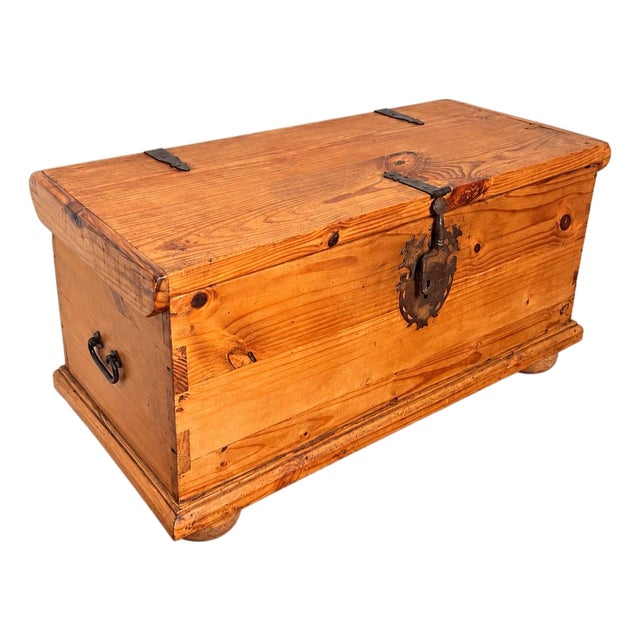 Spanish Colonial Style Wood Trunk With Ornate Iron Hardware For Sale