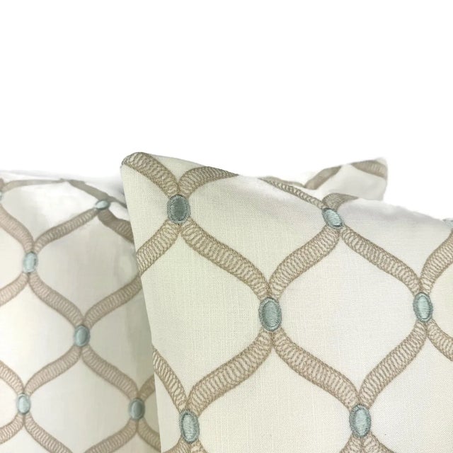 Modern Stout Ferry in Opal Pillow Cover - Cream With Tan and Blue Embroidered Trellis Cushion Case For Sale - Image 3 of 6
