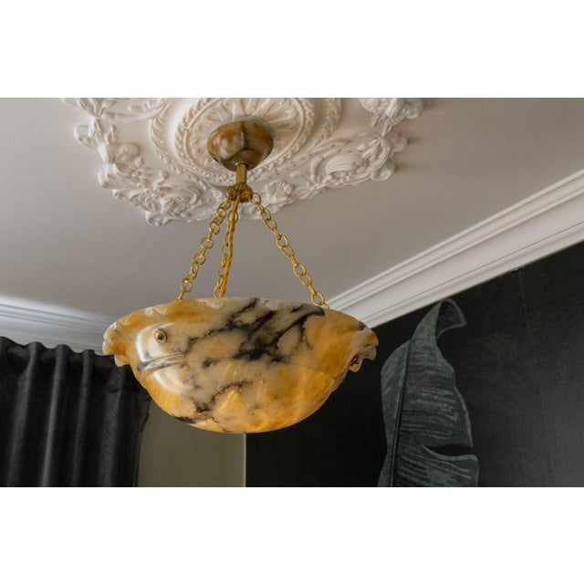 French Art Deco Yellow Alabaster Pendant with Dark Veining & Brass, 1920s For Sale - Image 3 of 18