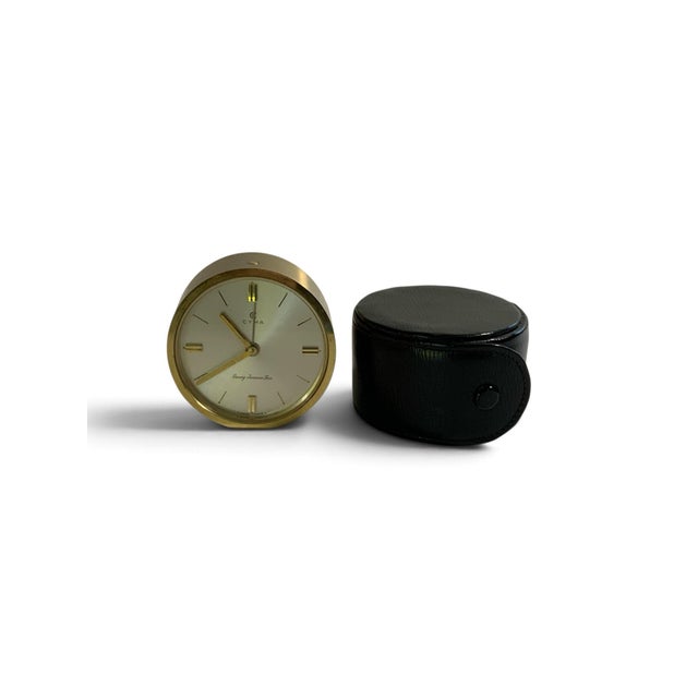 1950s Rare Vintage Cyma 11-Jewel Swiss Mechanical Travel Alarm Clock Georg Jensen Inc. MCM W/Case 1950s-1960s For Sale - Image 5 of 7