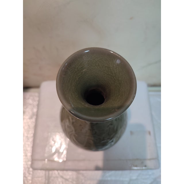 Chinese Ceramic Vase Yaozhou Ware Celadon Yuhuchun Vase Hand Carved Flowers Pattern For Sale - Image 4 of 10