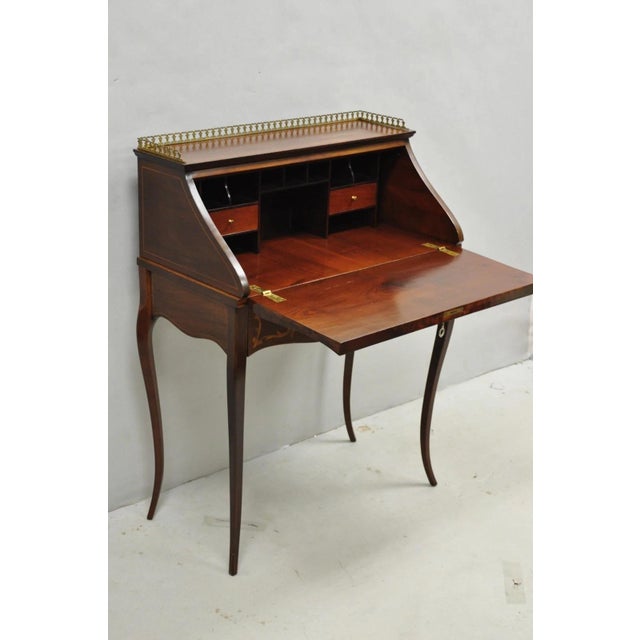 French Antique French Louis XV Style Marquetry Inlaid Drop Front Ladies Writing Desk For Sale - Image 3 of 18