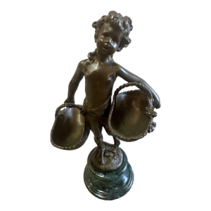 Small Bronze Sculpture of Young Boy With Baskets