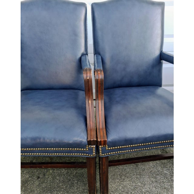 Chippendale Timeless Elegance: The Hancock & Moore Blue Leather Armchair Pair 1980s For Sale - Image 3 of 12
