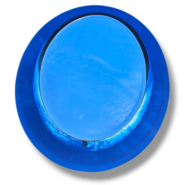 Mid 20th Century Extremely Rare Cristal Arte Italian Dual-Tone Mirror – Clear Beveled Oval With Blue Mirrored Border For Sale - Image 5 of 14