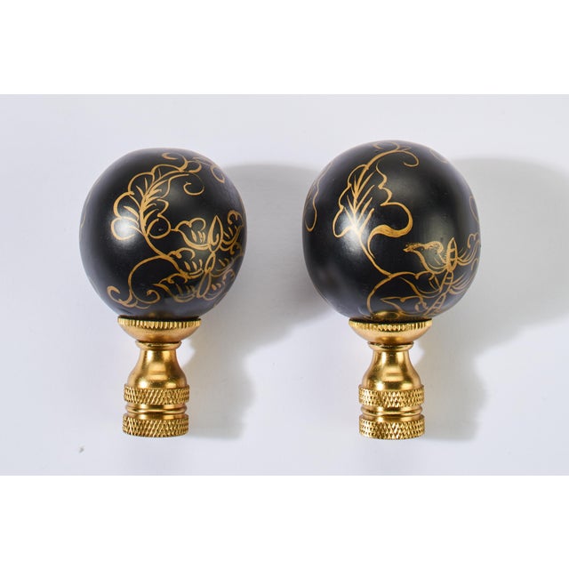 Pair of Mid 20th Century Hand Painted Ebony and Gold Lamp Finials