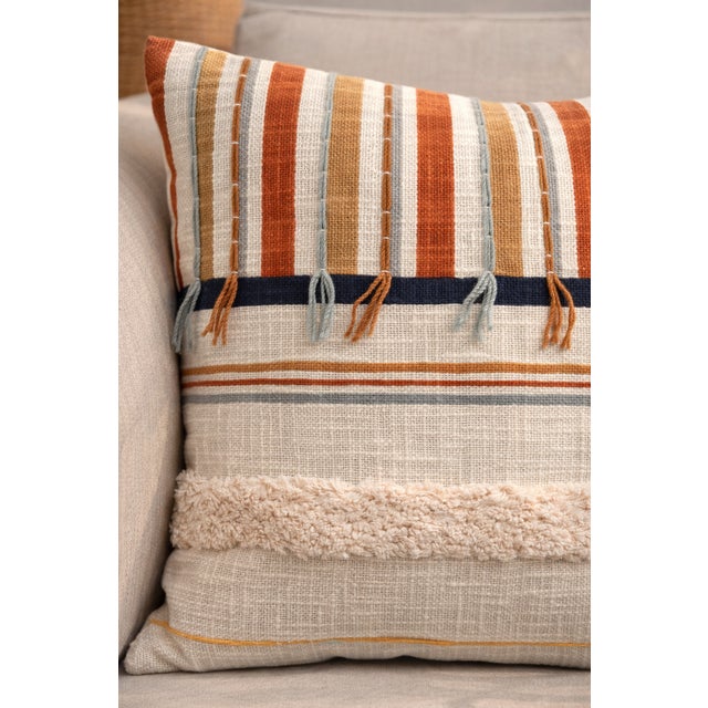 Contemporary Rust & Indigo Textured Stripe Embroidered Cushion Cover 50 X 50 CMS Set of 2 For Sale - Image 3 of 4