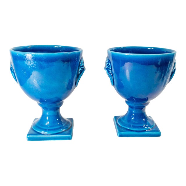 Mid-Century Italian Pair of Bright Turquoise Blue Garniture Urns For Sale