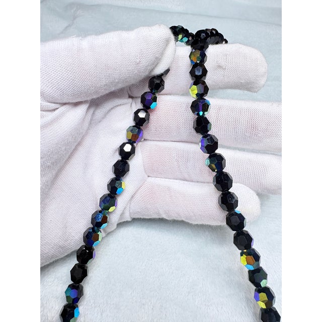 Luxury Jet‑Black Ab Czech Glass Necklace W 14k Ball Clasp • Mid‑Century European For Sale - Image 10 of 13