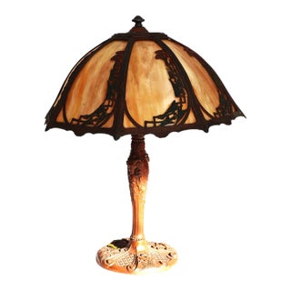 Antique Art Nouveau Slag Glass Table Lamp With 8-Panel Curved Umbrella Shade For Sale
