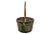 Large vintage 10 inch round green and natural tan woven rattan basket with wood handle, frame and hanging spring leaf...